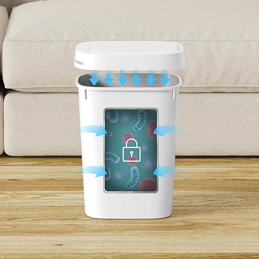3 Pack Bathroom Small Trash Can with Lid, 2.6 Gallon Slim Garbage Bin with Pop-Up Lid, 10L Plastic Wastebasket for Bedroom, Office, Kitchen, Toilet (White)