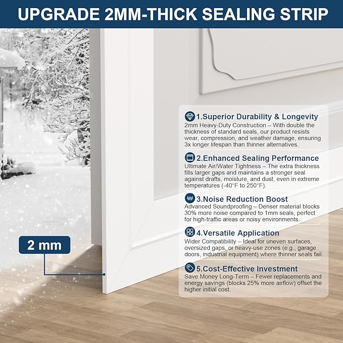 Heavy-Duty 36 ft x 2 in Weather Stripping, Extra Thick 2mm Door Draft Stopper Silicone Seal Strip for House and Glass Shower Doors for Collision and Side Gaps of Door and Windows, White