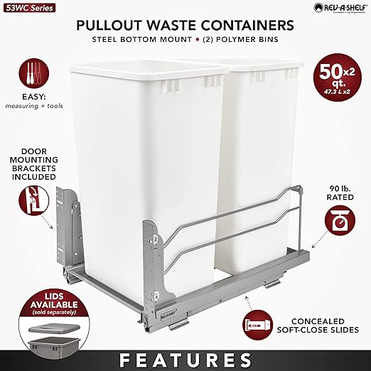 Rev-A-Shelf Double Pullout Trash Cans for Full Height Kitchen Cabinets 50 Quart 12.5 Gallon with Soft-Close Slides, White, 53WC-2150SCDM-211