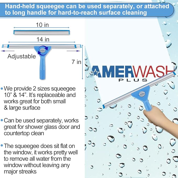 Window Squeegee Washing Kit for High Window, Shower Glass Door, Mirror Cleaning, with 69-inch Extension Pole, Extra 14'' Wide Squeegee and 2 Microfiber Scrubbers Included
