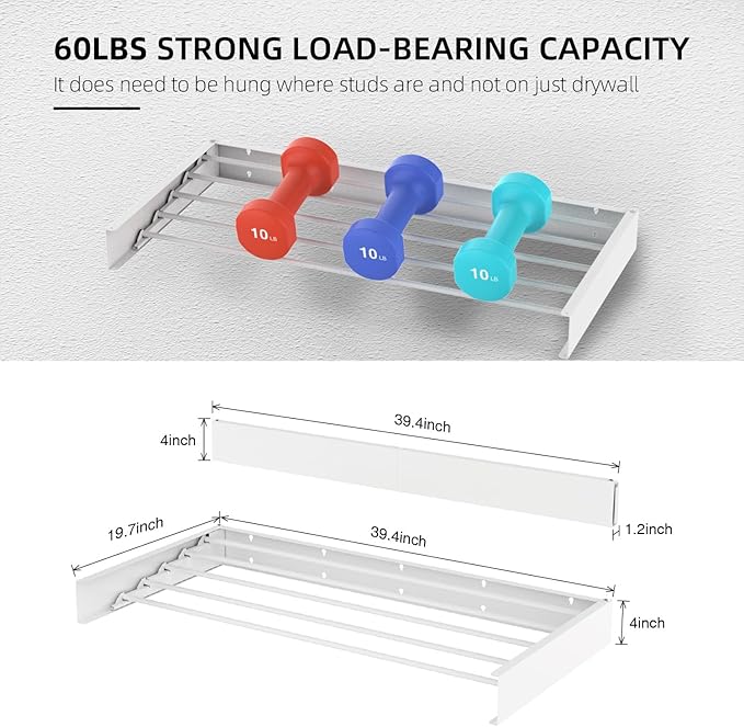 Laundry Drying Rack, Collapsible Wall Mounted Clothes Drying Rack - Foldable,Space Saving, 13.2 Linear Ft, 5 Aluminum Rods, 60 lb Capacity (White, 40")