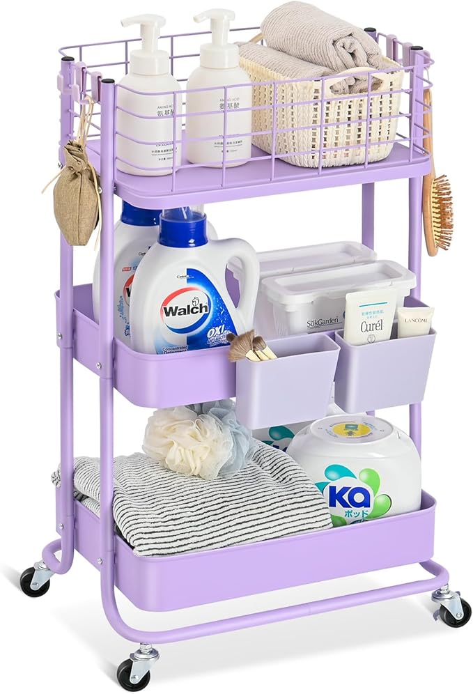 KINGRACK 3 Tier Rolling Cart, Metal Mobile Storage Shelf with Lockable Wheels, Prevent Falling Utility Trolley Cart, Storage Organizer for Kitchen, Office, Bathroom, Dorm, Purple