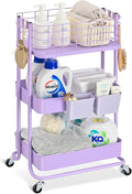 KINGRACK 3 Tier Rolling Cart, Metal Mobile Storage Shelf with Lockable Wheels, Prevent Falling Utility Trolley Cart, Storage Organizer for Kitchen, Office, Bathroom, Dorm, Purple