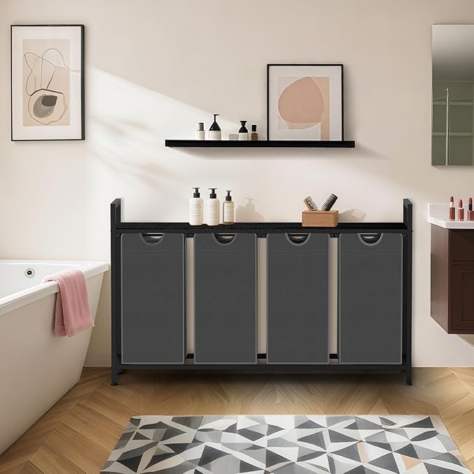 Laundry Hamper, Laundry Sorter with 4 Pull-Out Removable Oxford Fabric Bags Cloth Laundry Basket 4 x 10 Gallons (Grey and Charcoal Black)