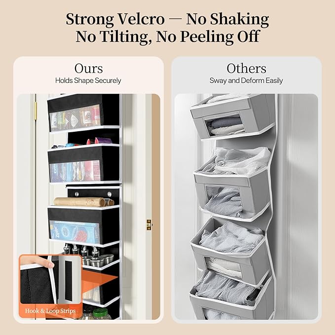 LAMU 6-Tier Over The Door Organizer, Swing - Proof Closet Door Organizer, Flexible 1 Split into 2 Over The Door Storage Organizer for Nursery, Bathroom, Bedroom, Black, 5 x 14 x 61in