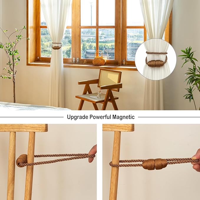 Magnetic Rope Curtain Tiebacks 6 Pack Holders for Drapes and Curtains, Khaki