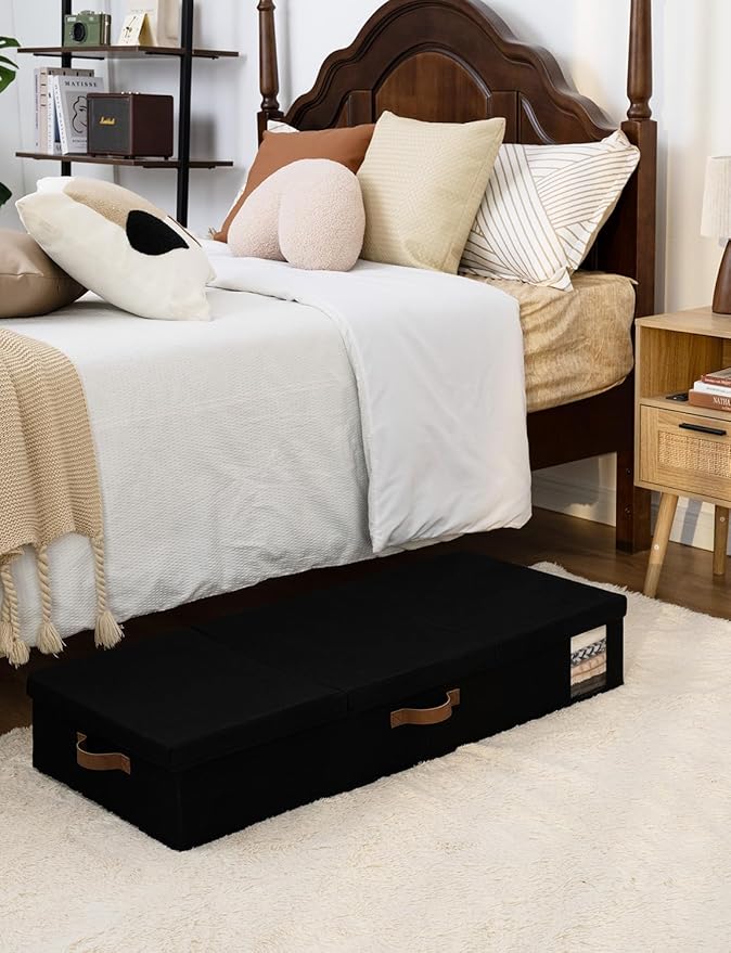 StorageWorks Under Bed Storage with Lid, Underbed Storage Containers with Handles, Underbed Organizer for Bedroom, Foldable Clothing Storage Bins, Box for Blankets, Jumbo, Black, 2-Pack