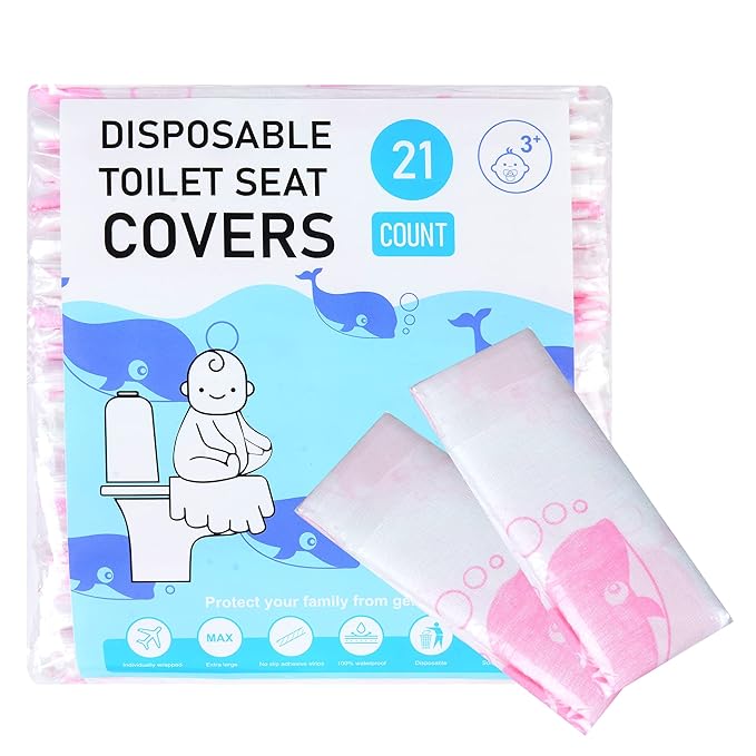 21 Pack Toilet Seat Covers Disposable, Extra Large Disposable Toilet Seat Covers for Adults, Individually Wrapped Potty Training Liners with Non-Slip Adhesives for Kids in Home, Restrooms&Travel -Pink