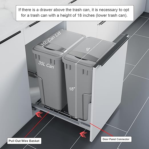 Dowell B18 Aluminum Base Wastebasket Pullout with Door Mount and Two 35Qt/9Gal Plastic Bins (4012 0218+35x2)