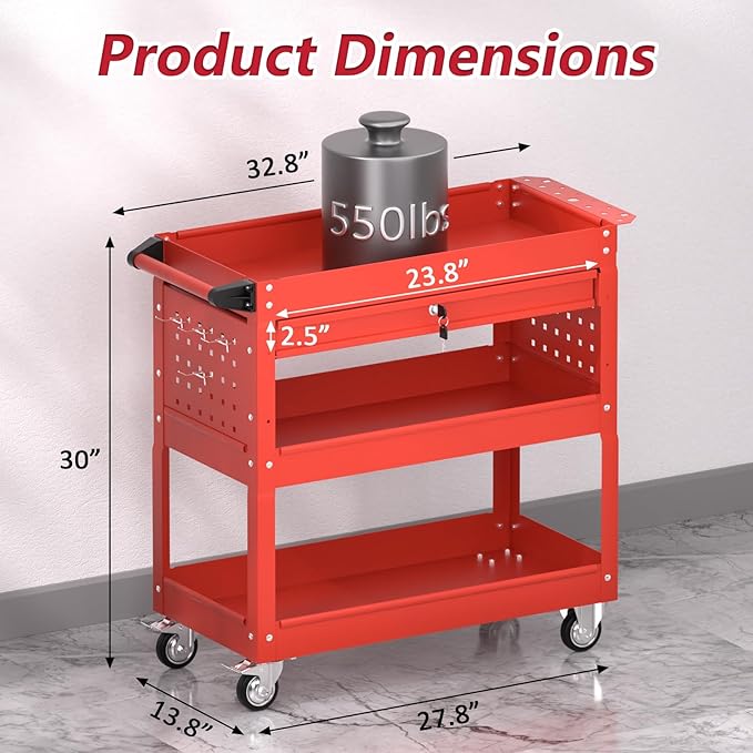 3 Tier Rolling Tool Cart on Wheels, Heavy Duty Service Cart Industrial Utility Cart with Drawer and Screwdriver Rack Pegboard, 550 LBS Mobile Tool Storage Organizer for Garage, Workshop (Red)