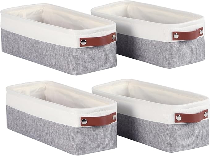 Univivi 4PC Small Fabric Storage Bins,15x6x5 inch Long Narrow Storage Baskets with PU Handles for Closet,Cabinet,Countertop Organizing Small Items (Gray,15x6x5 inch)