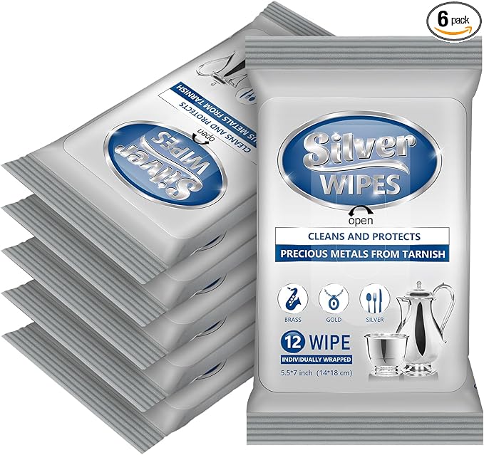 6 Pack/ 72 Pcs Silver Cleaner Wipes Silver Polish Jewelry Cleaner Cleaning Jewelry Wipes for Silverware Stainless Steel Brass Metal Tarnish Remover