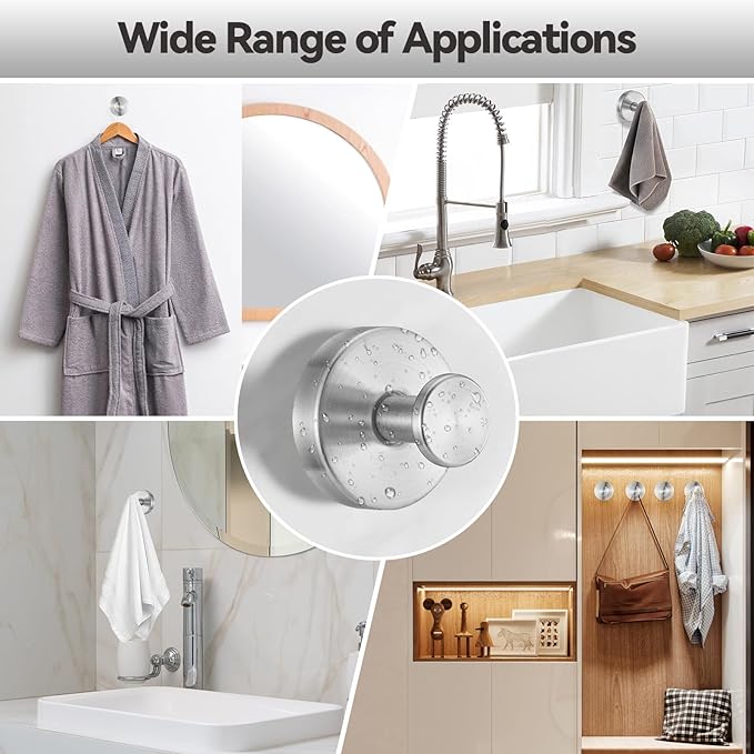 4 PCS Suction Cup Hooks for Shower, Stainless Steel No Drill Suction Towel Hooks, Reusable Sticky Silicone Suction Cup Base for Bathroom Wall, Glass, Mirror, Tile to Hang Loofahs, Robes (Silvery)
