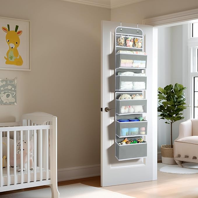 LAMU 6-Tier Over The Door Organizer, Swing - Proof Closet Door Organizer, Flexible 1 Split into 2 Over The Door Storage Organizer for Nursery, Bathroom, Bedroom, Grey, 5 x 14 x 61in