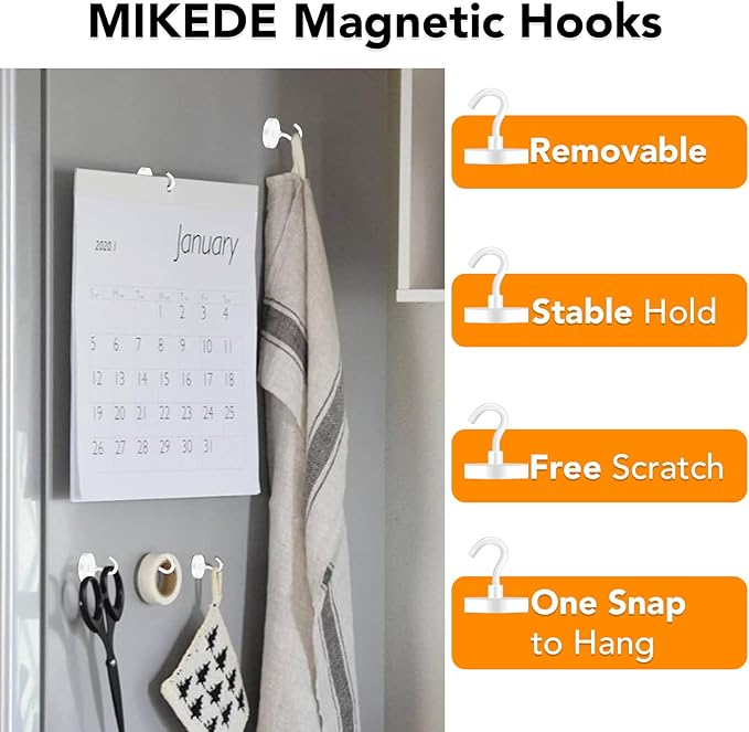 MIKEDE Magnetic Hooks Heavy Duty, 150LB Super Strong Magnetic Hooks for Cruise, Neodymium Earth Magnets with Hook for Hanging, Magnetic Metal Hanger for Fridge, Toolbox, Storage, (White, 4 Pack)