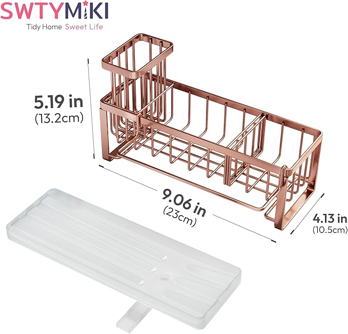 SWTYMIKI Sponge Holder for Kitchen Sink - Sink Caddy with Brush Holder Self-draining Sponge Caddy Organizer with Divider Stainless Steel Kitchen Accessories Storage for Countertop, Rose Gold