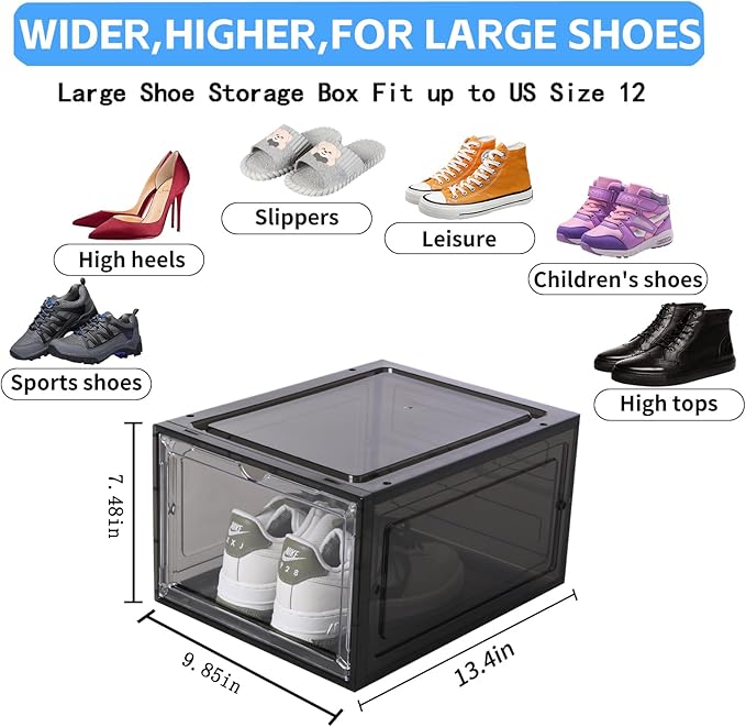 8 Pack Shoe Boxes Clear Plastic Stackable, Drop Front Shoe Storage Organizer for Closet, Sneaker Storage with Magnetic Door, Shoe Display Containers Fit US Size 12(13.4”x 10.6”x 7.5”) Black