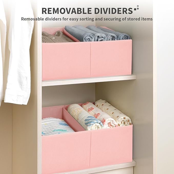 DIMJ Large Closet Shelf Organizer Bins 8 Packs with Handles and Divider, Fabric Trapezoid Storage Baskets, Foldable Clothes Containers Box for Shelf, Towel, Book, Toy, Purse, Hats, Pink