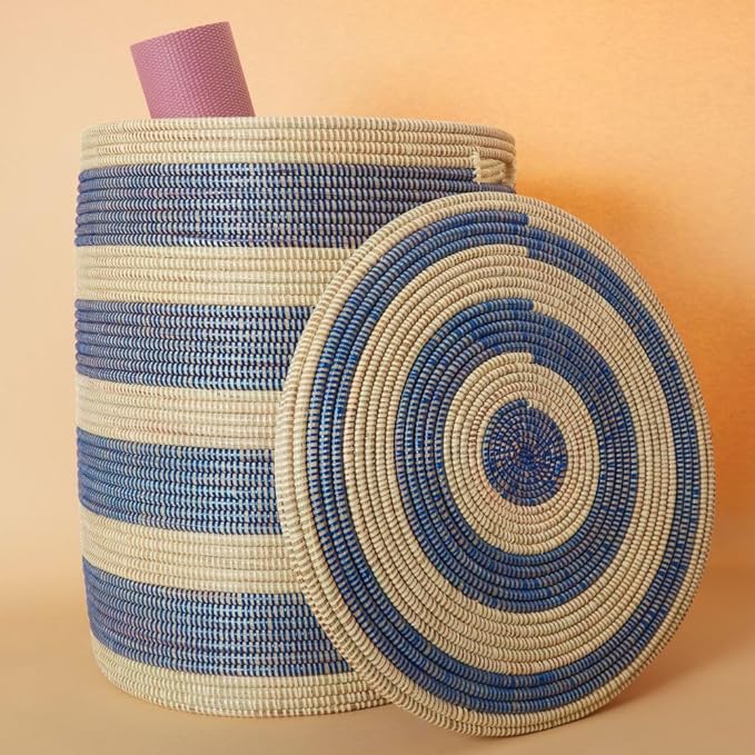 Storage & Organization - Laundry Basket, Bedroom Hamper, Nursery Toys Bin, Living Room Blankets Storage, Decorative, Wicker, Sturdy, Round, Handles, Woven, Blue Beige (Extra Large)