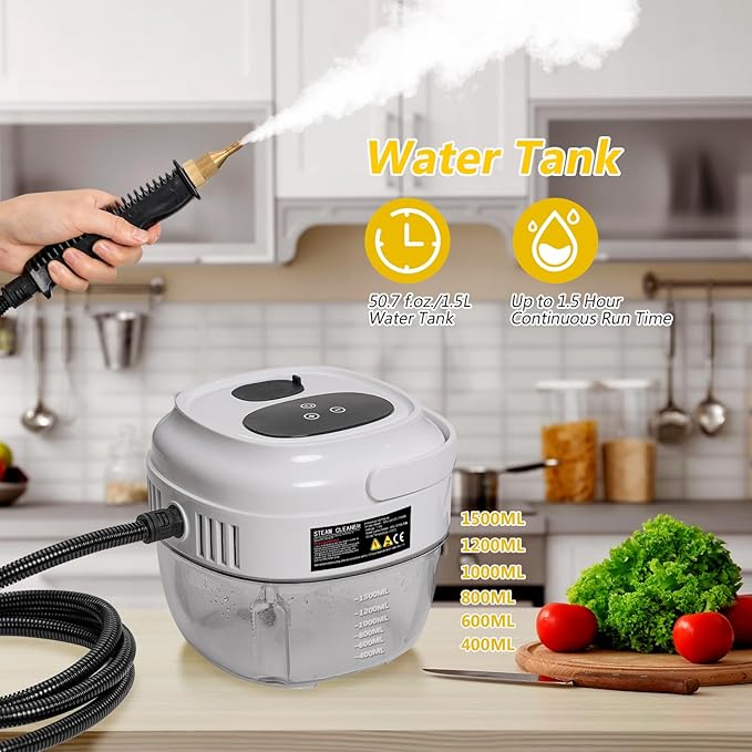 Handheld Steam Cleaner, 2500W Portable Steamer For Cleaning Car Detailing and Grout, 15s Heat-Up, 1.5L Tank Pressurized Steam Cleaner for Home Use & all Surfaces