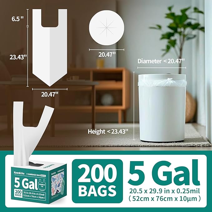 Small Trash Bags with Handles 5 Gallon 200 Count White - Ocean Plastic Upcycling - Plastic Garbage Bags, Can Bin & Waste Basket Liner for Kitchen, Bathroom, Office and Pets