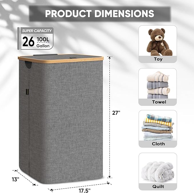 BALEINE Laundry Hamper with Lid, Tall Laundry Baskets with Bamboo Pull Handles, Large Laundry Bin with Internal Support (26 Gal/100L, Grey)