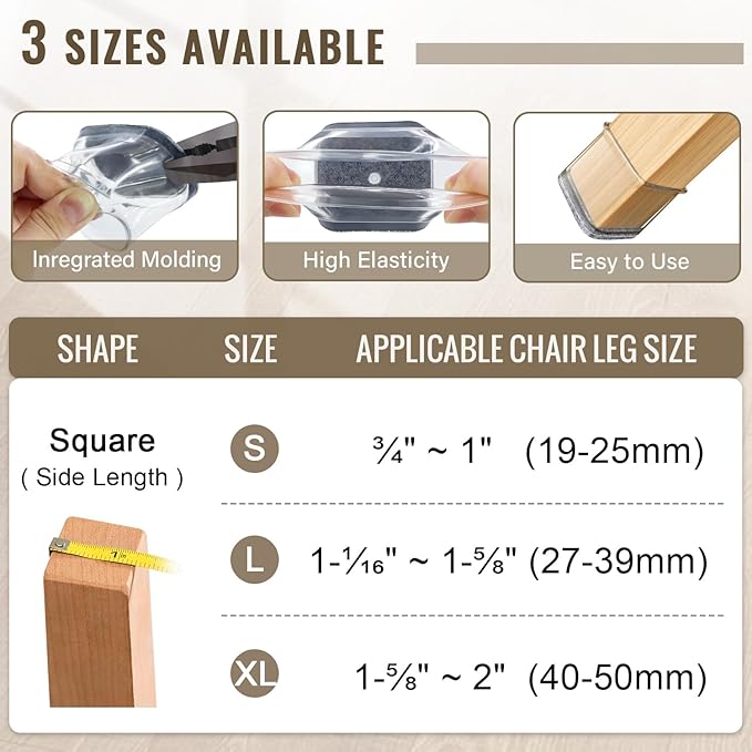 BUMACO Chair Leg Floor Protectors Square Chair Leg Protectors for Hardwood Floors Silicone Pads Covers to Protect Floors Clear-40 Pcs Square S Fit (3/4" to 1")