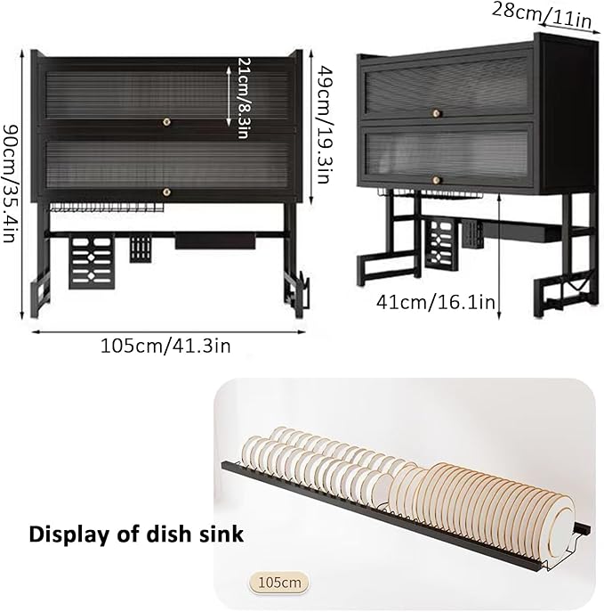 Dish Drying Rack 4 Tiers with Cover, Keep Kitchen Sink Shlef Organized Space-Saving, Large Drying Rack for Dishes, Glasses, Bowls, Cutlery black W-41.3in
