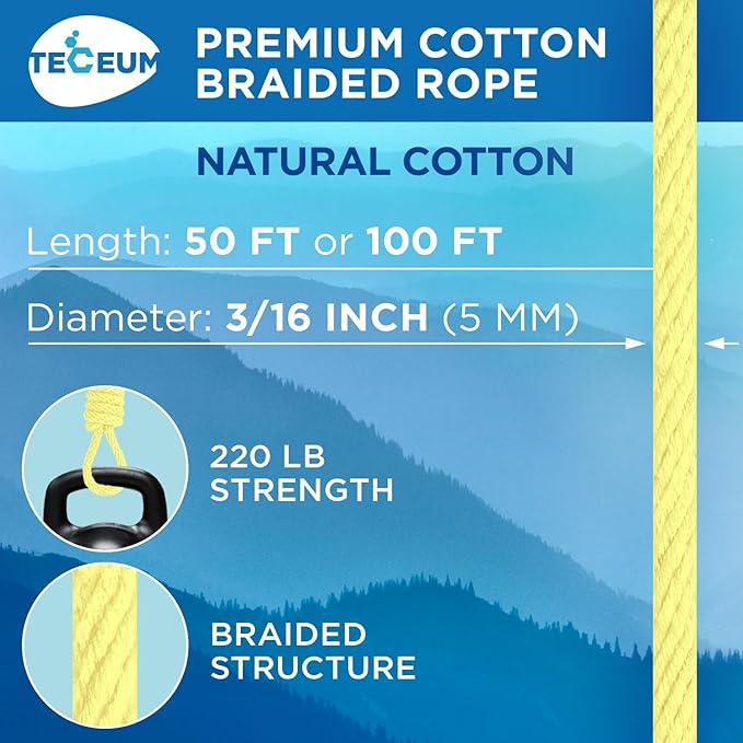 TECEUM Cotton Rope 3/16” (5 mm) – 50 FT – Strong All-Purpose Braided Rope – Natural Cotton – for Crafting, Сamping, Clothes Line, DIY, Indoor & Outdoor Use – Pastel Yellow