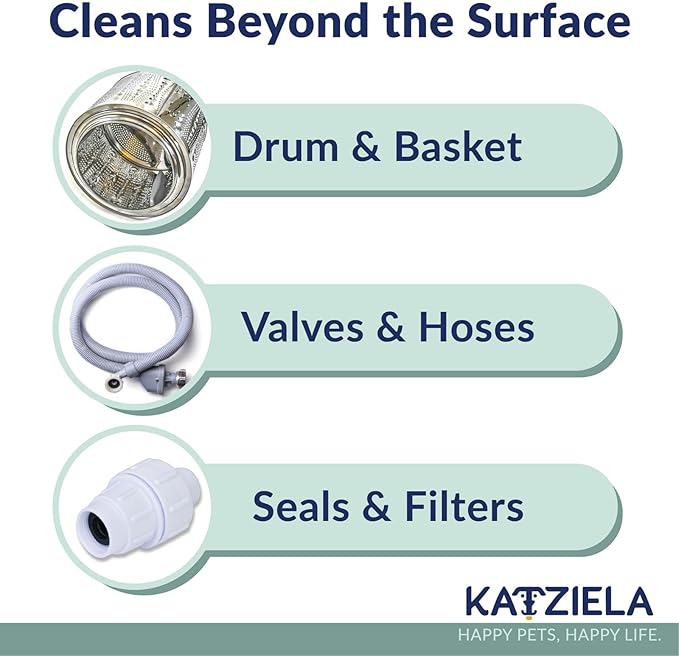 Katziela Washing Machine Cleaner Tablets – 24 Pack (12-Month Supply) – Formulated for Pet Owners – Helps Loosen Pet Hair & Eliminate Odors – Fragrance-Free, Enzyme-Based – Septic Safe & HE Compatible