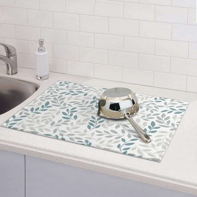 Grey And Blue Leaves Branches Microfiber Absorbent Reversible Dish Drying Mat For Kitchen Counter Xl Large Pad 18 X 24 Inch