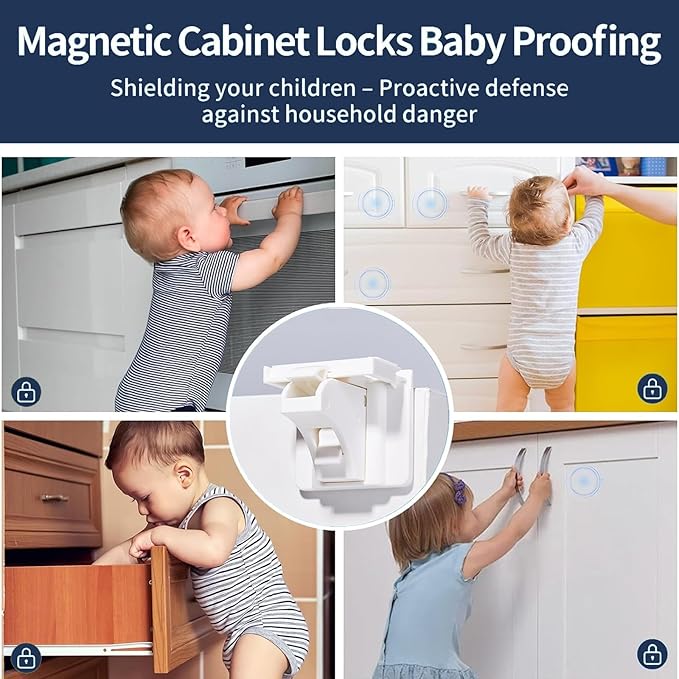 12 Pack Magnetic Cabinet Locks Baby Proofing, Child Proof Cabinet Locks, Child Safety Cupboard Drawers Latches - Adhesive Easy Installation