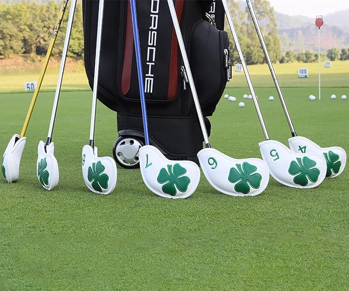 Golf Iron Covers Golf Iron Head Covers Leather Golf Iron Covers for Golf Clubs 10pcs Golf Iron Headcovers Lucky Clover Golf Club Head Covers for Iron with Magic Tape Fit All Brands