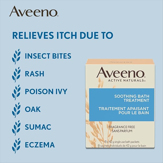 Aveeno Fragrance-Free Soothing Bath Treatment & Soak for Soothing Relief, 100% Natural Colloidal Oatmeal, Relieves Itchy, Irritated Skin Due to Eczema, 8 Single-Use Bath Packets