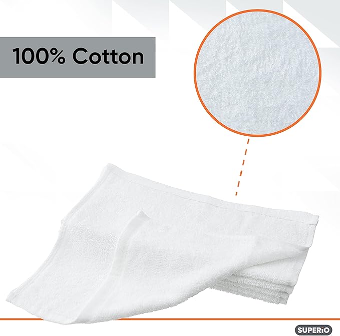Superio Terry Cloth Rags White Washcloths 100% Cotton 12" Cleaning Cloths, Kitchen Towels, Facial Washcloth, Spa Cloths, Hand Towel, Small Lint Free Rags for Multi-Purposes (36 Pack)