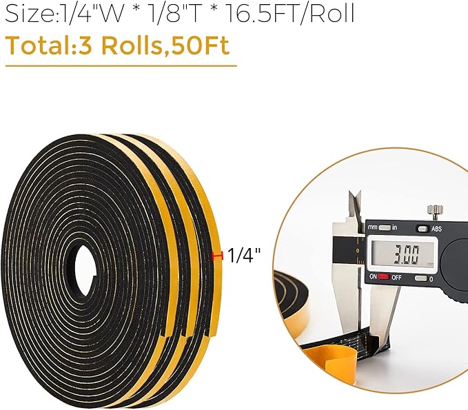 50 Feet Weather Stripping Door Seal, 1/4" Wide X 1/8" Thick Door Seal Strip High Density Foam Tape Adhesive Strip for Door Soundproofing,Window Insulation (1/4" x 1/8" x 50FT,Black)