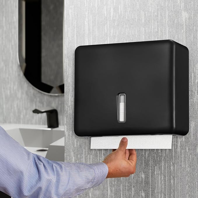2-Pack Multifold Paper Towel Dispenser Wall Mount (Black) – Large Capacity C-Fold, Trifold, and Folded Commercial Hand Towel Holder for Bathroom & Restroom – Adhesive or Screw Mounted