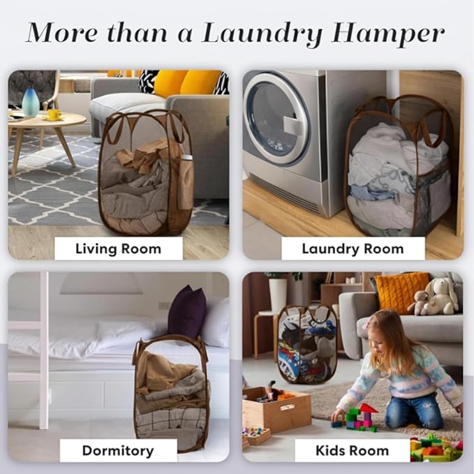 Handy Laundry Collapsible Mesh Pop Up Hamper with Wide Opening and Side Pocket - Breathable, Sturdy, Foldable, and Space-Saving Design for Clothes and Storage (Brown)