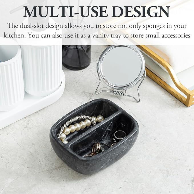 MyGift Modern Black Resin Double Sponge Holder with Realistic Marble Pattern for Kitchen Sink Countertop, Dish Cleaning Sponges or Scrubbing Pads Bowl with 2 Compartments