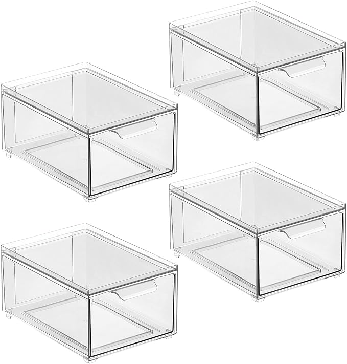 mDesign Stackable Storage Containers Box with Pull-Out Drawer - Stacking Plastic Drawers Bins for Kitchen Pantry and Cupboard, Cabinet, Counter, Island and Tables - Lumiere Collection - 4 Pack - Clear
