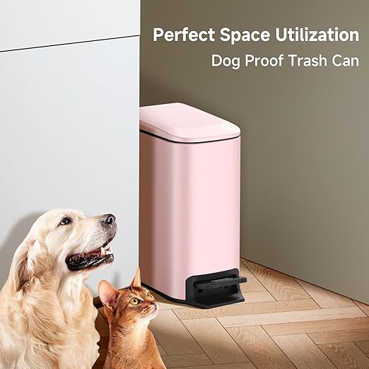 TIPGO Slim Bathroom Trash Can with Lid Soft Close, 6 Liter / 1.6 Gallon Stainless Steel Garbage with Removable Inner Bucket, Small Trash Bins for Bedroom, Office (Pink)