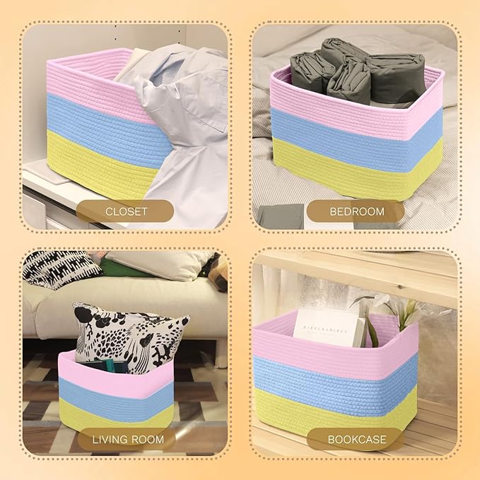 Hopegiver Woven Storage Baskets 15x11x10 Inch, 3 Pack Collapsible Cube Storage Bin for Shelves - Foldable Cotton Rope Organizer Bins for Towels, Toys, Books, Closet, Nursery (Pink Blue Yellow)