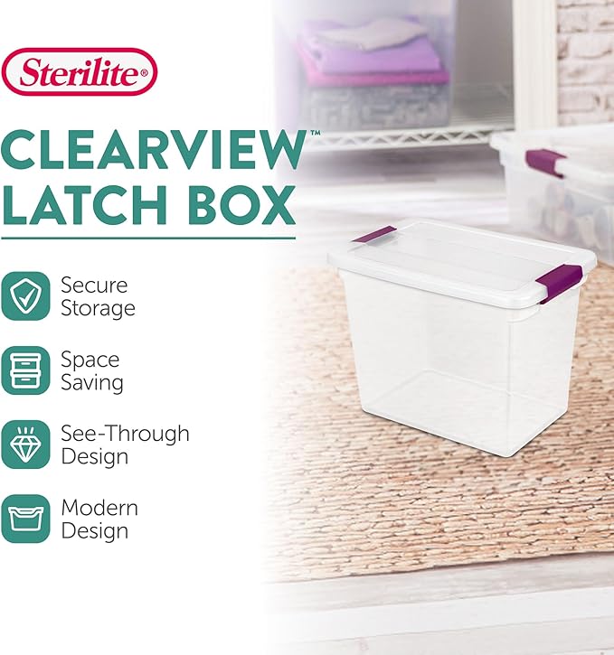 Sterilite 12-Pack 27 Quart ClearView Latch Box, Stackable Organizer Bins with Latching Lids - Clear Plastic Organization Containers for Closet, Bedroom, Shelving Units and Everyday Home Storage