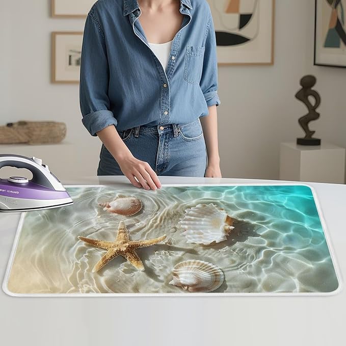 Ironing Mat Thickened Beach Starfish Ironing Blanket Travel Portable Ironing Pad Travel Isolate Heat Pad Cover for Washer Dryer Table Top Countertop 32 x 16 Inch