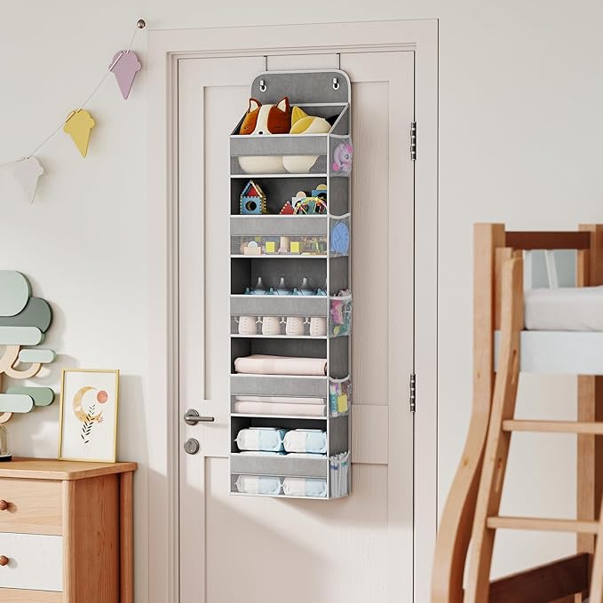 LAMU 5 Tier Over the Door Organizer Hanging, 5 Large Pockets and 10 Side Pockets Behind Door Storage for Baby Toys, 44lbs Back of Door Organizers Shelf for Closet, Nursery and Bathroom, 2 Pack (Grey)