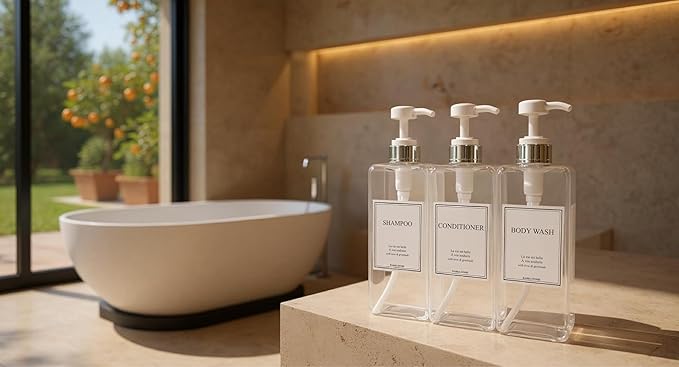 Modern Design Large 27 oz Shampoo and Conditioner Dispensers - Empty Plastic Refillable Pump Bottle Set for Bathroom Shower Soap Dispenser, Set of 3 (Clear & Silver)