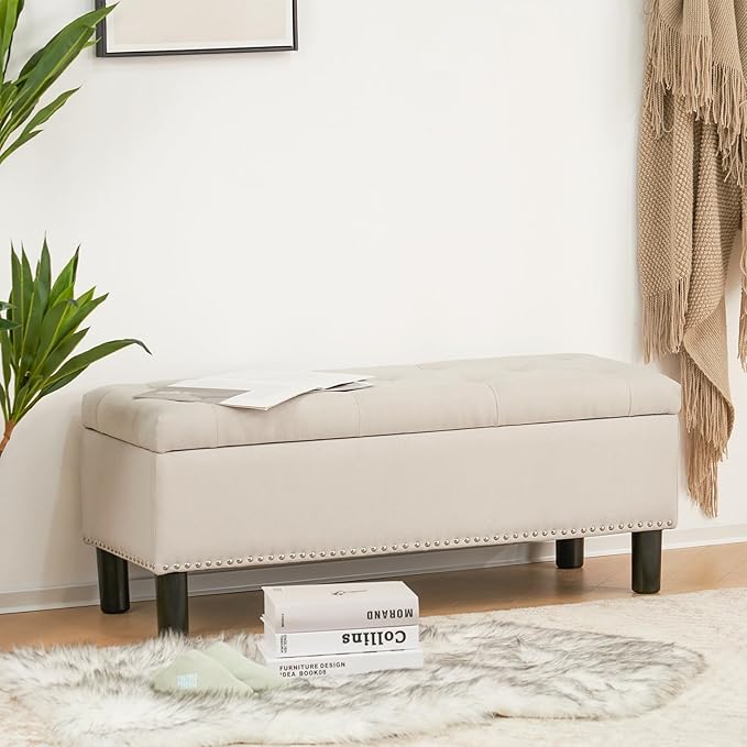 Furnimart 42.5 Inch Storage Ottoman Bench, Flip Top End of Bed Storage Bench, Upholstered Blanket Bench for Bedroom, Entryway, Living Room, Tufted Linen (Beige)