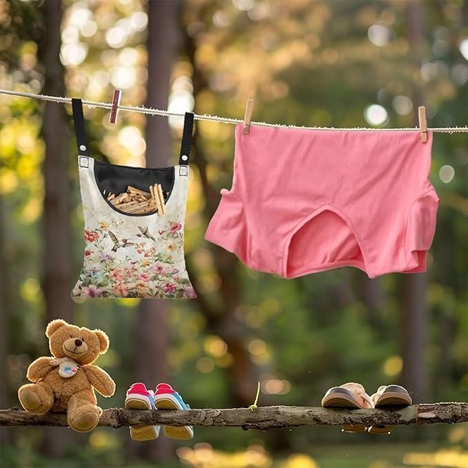2 Pcs Hummingbird Pink Clothespin Bag, Large Clothes Pin Hanging Bag, Pin Bag with Large Opening for Clothes Lines Outside Yard Home Decoration