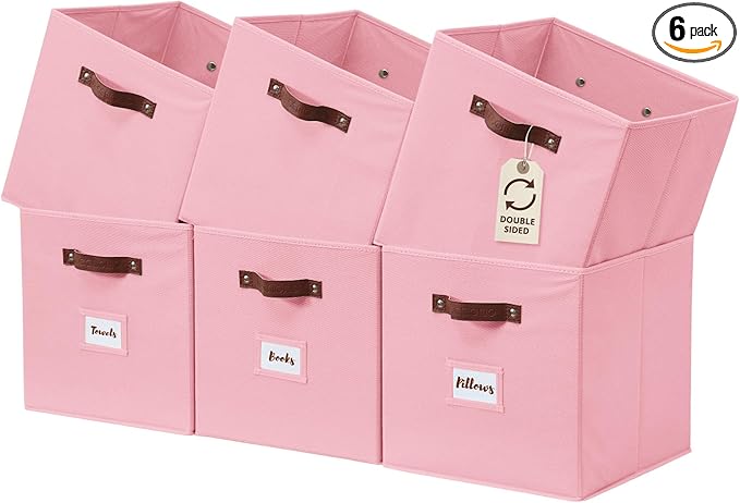 DECOMOMO Storage Bins, Cube Storage Bin with Labels, Fabric Storage Cubes for Shelves (10.5" x 11" / 6pcs, Pink)