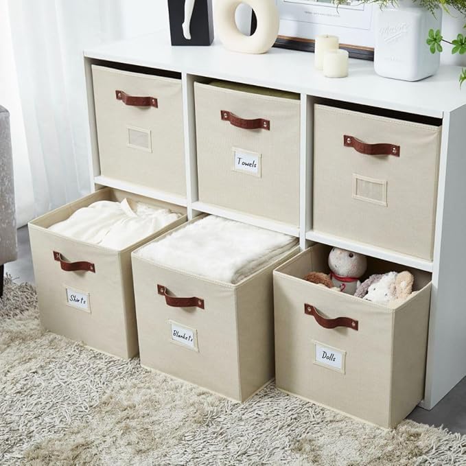 DECOMOMO Storage Bins, Cube Storage Bin with Labels, Fabric Storage Cubes for Shelves (10.5" x 11" / 2pcs, Beige)